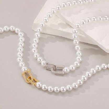 Vachette Clasp Shell Pearls Necklace 925 Silver Light Luxury Micro Inlaid Personalized Clavicle Chain