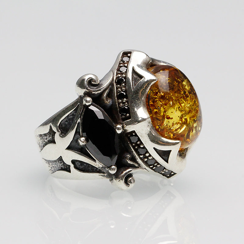 925 Thai Silver Ring Retro Gem Black Stone Amber