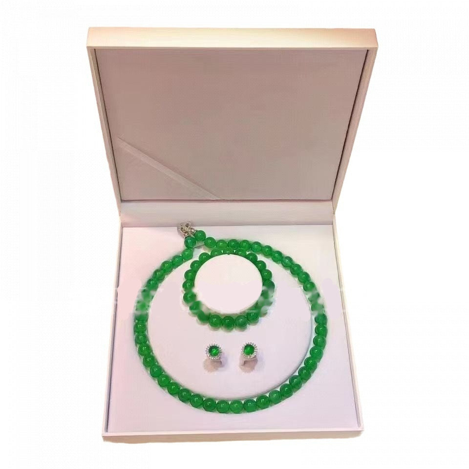 Gao Bing Emperor Green Chalcedony Ball Bracelet Necklace Eardrops Suit