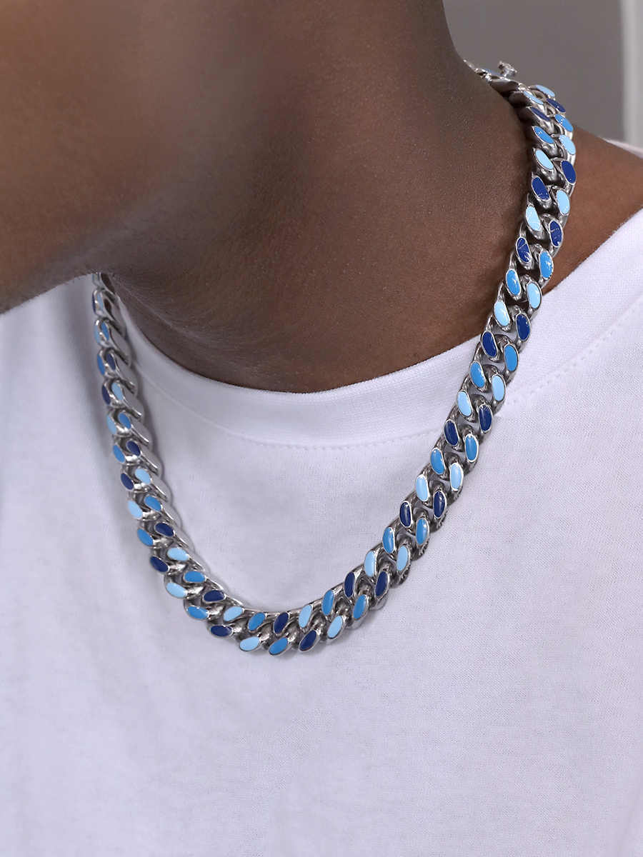 Blue Stitching Hardened Cuban Link Chain Necklace