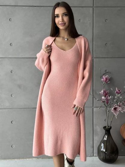 Traje de punto de 2 piezas, vestido largo ajustado sin mangas y cárdigan suelto informal, ropa de mujer para primavera y otoño