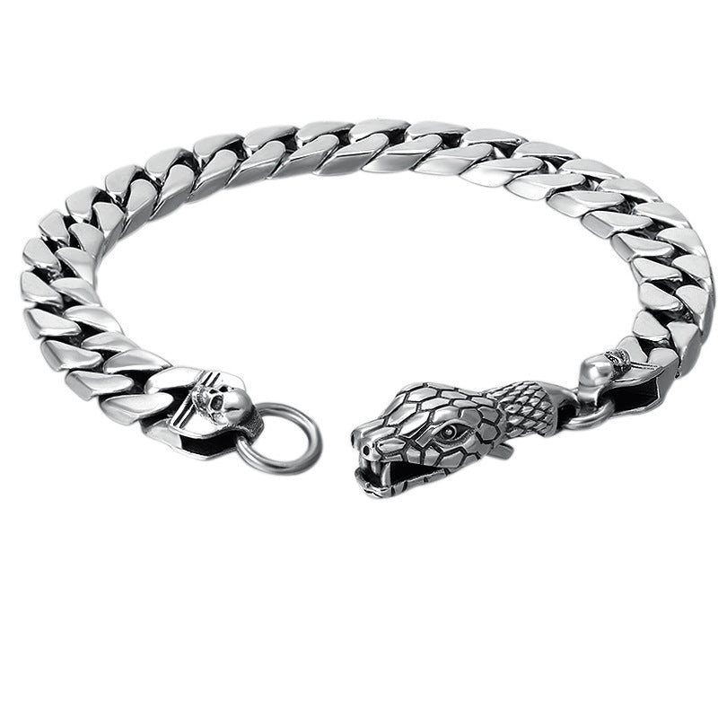 Pulsera de plata de ley con adorno de cadena para la muñeca, moderna pulsera de plata tailandesa con hebilla de cabeza de serpiente estilo hipster para hombre