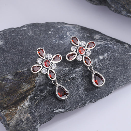 Nepalese Garnet Four Leaf Clover Set With Sterling Silver Earrings