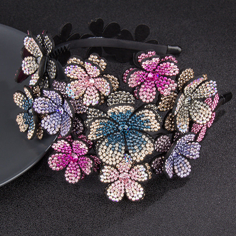 Flower Wide Edge Rhinestone Big Headband High-grade Diamond-studded Color Non-slip Hair