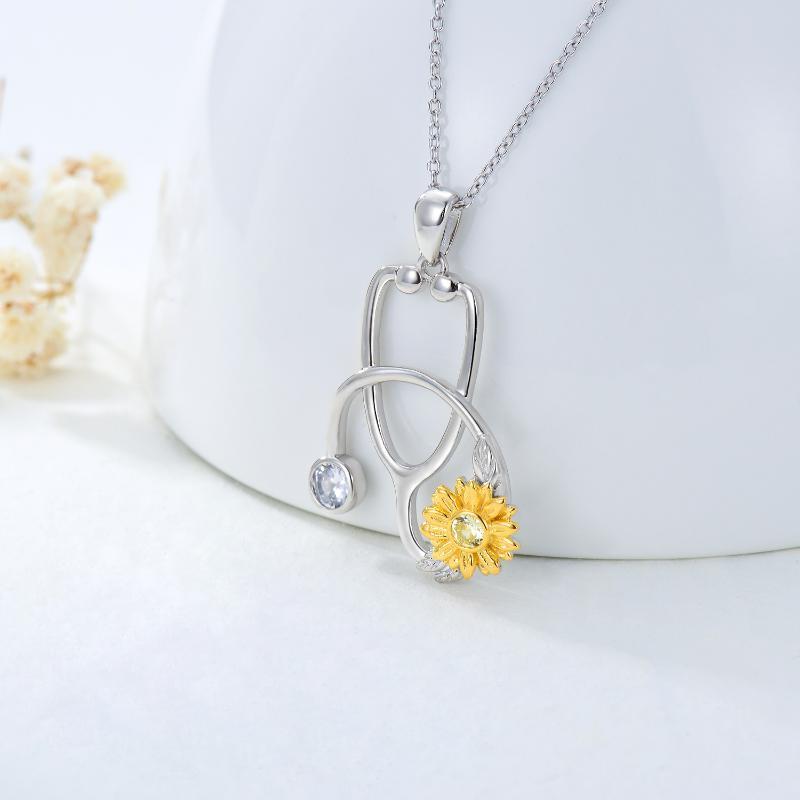 925 Sterling Silver Sunflower Stethoscope Medical Doctor Nurse Student Graduation Pendant Necklace