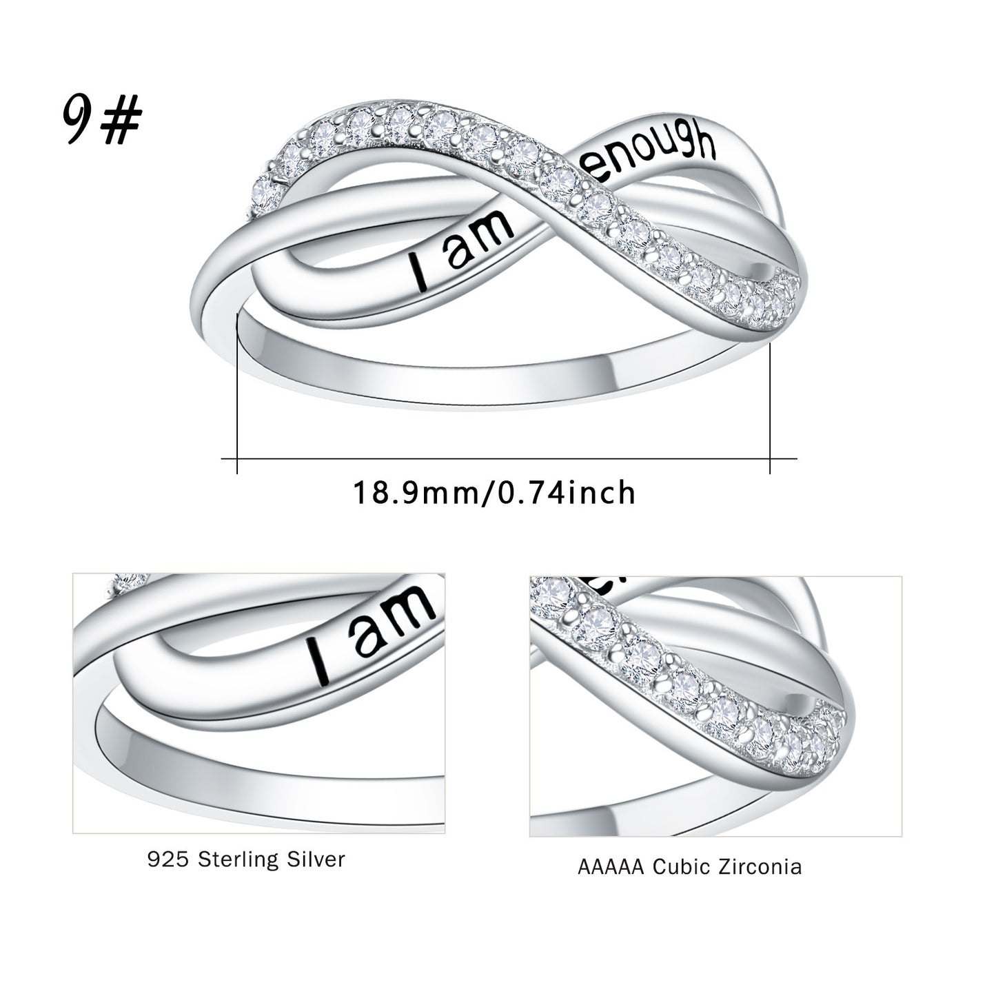 Bague de promesse réglable en argent sterling 925 I Am Enough Forever Love Infinity