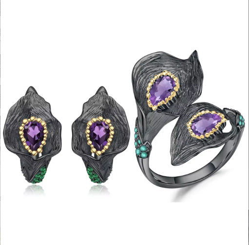 Exquisite Flower Shape Amethyst Suit Craft 925 Silver Plated