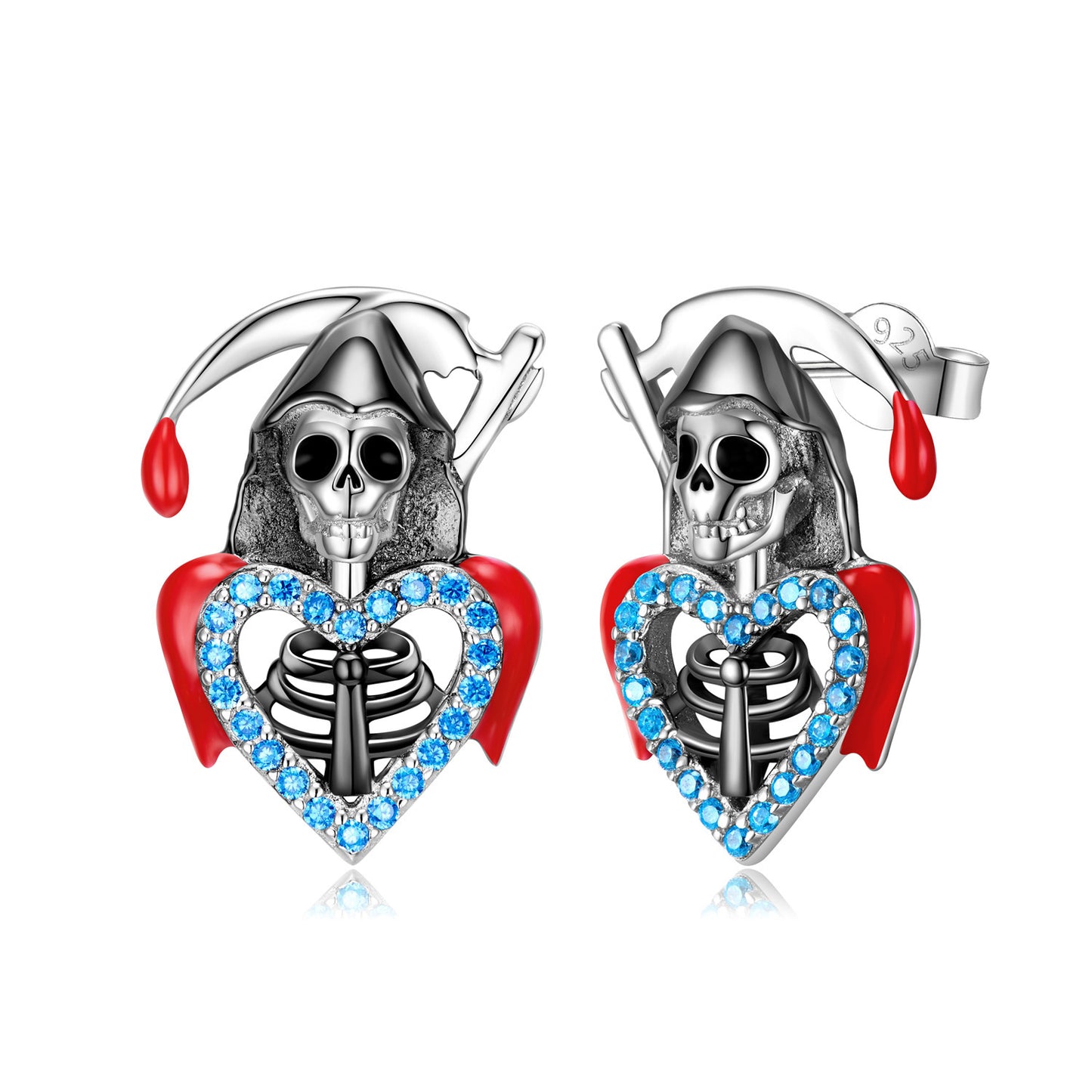 S925 Sterling Silver Death Skull Stud Earrings Set With Zirconium Epoxy Personality Dark Punk