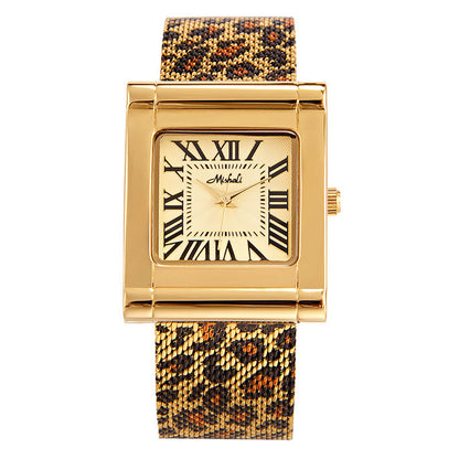 Montre carrée en maille à imprimé léopard avec ceinture en acier tendance pour femme