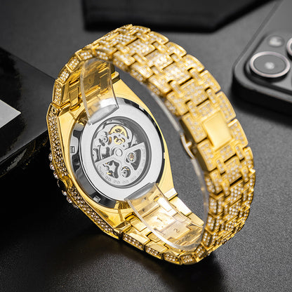 Reloj mecánico automático de fiesta de hip hop con diamantes completos