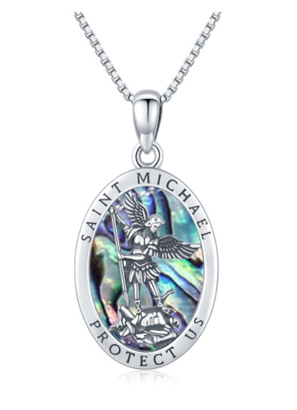 Abalone Shell Saint Michael Pendant Necklace in 925 Sterling Silver