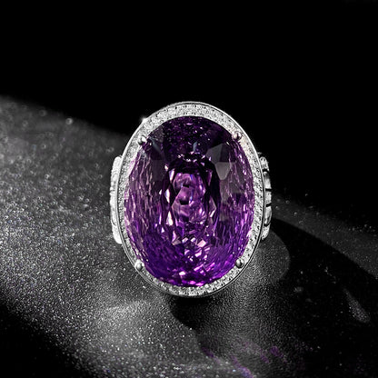 Light And Extravagant Wind Jewelry Large Denier Shaped Natural Amethyst Ring S925 Silver Set Crystal