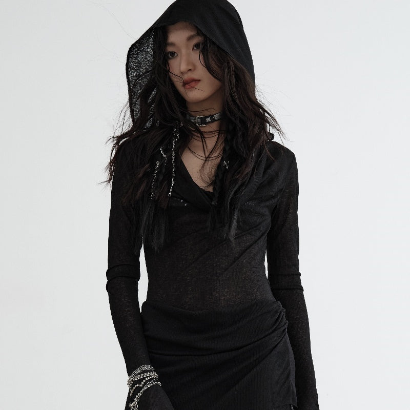 Robe à capuche en tricot semi-transparent de style sombre en deux pièces superposées