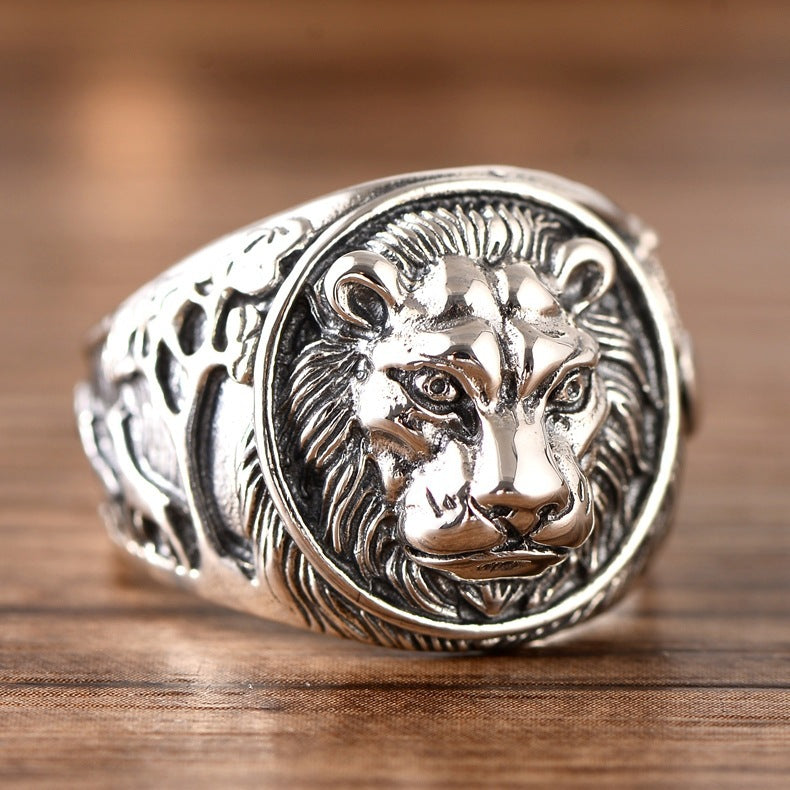 Sterling Silver Ornament Domineering Lion Head Beast Man Ring