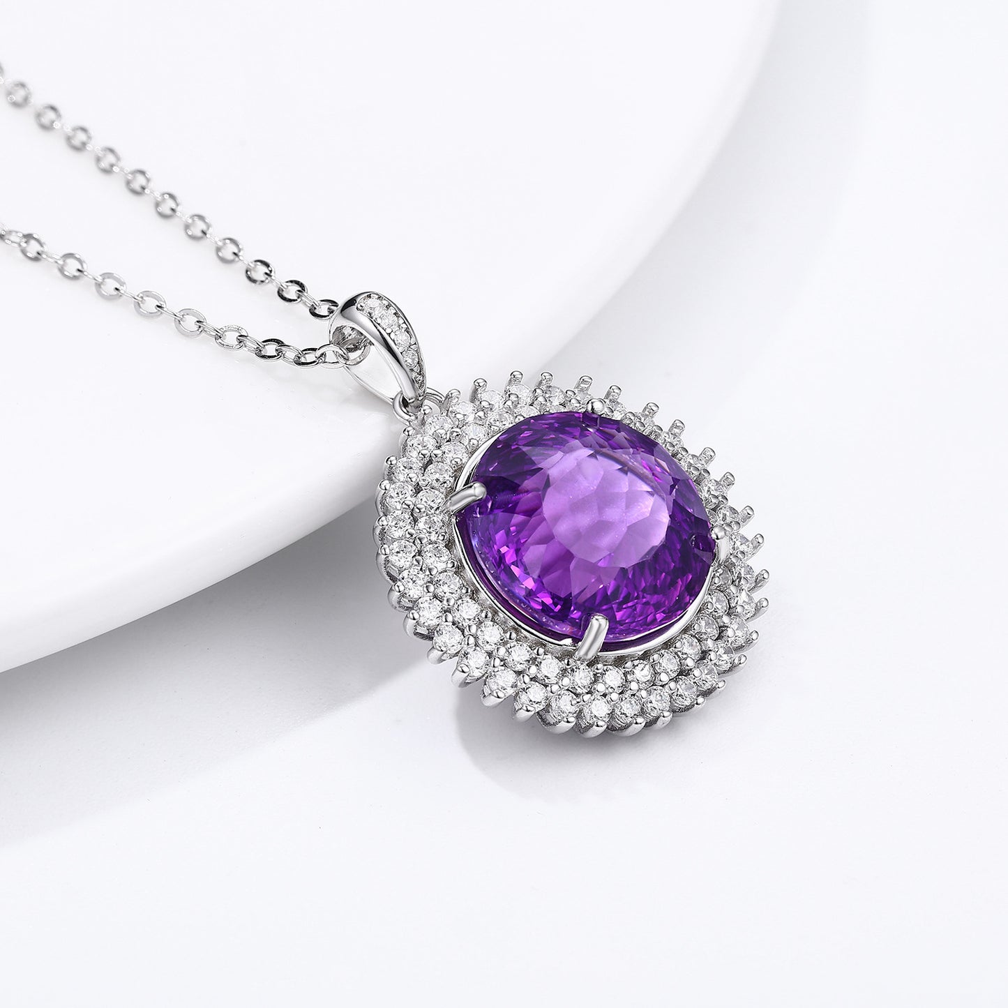 S925 Silver Set Round Bird's Nest Cut Natural Amethyst Necklace