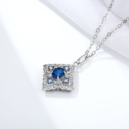 S925 Silver Inlaid Natural Sapphire Necklace High Level Pendant Female Simple Retro Hollow Geometric Diamond Necklace