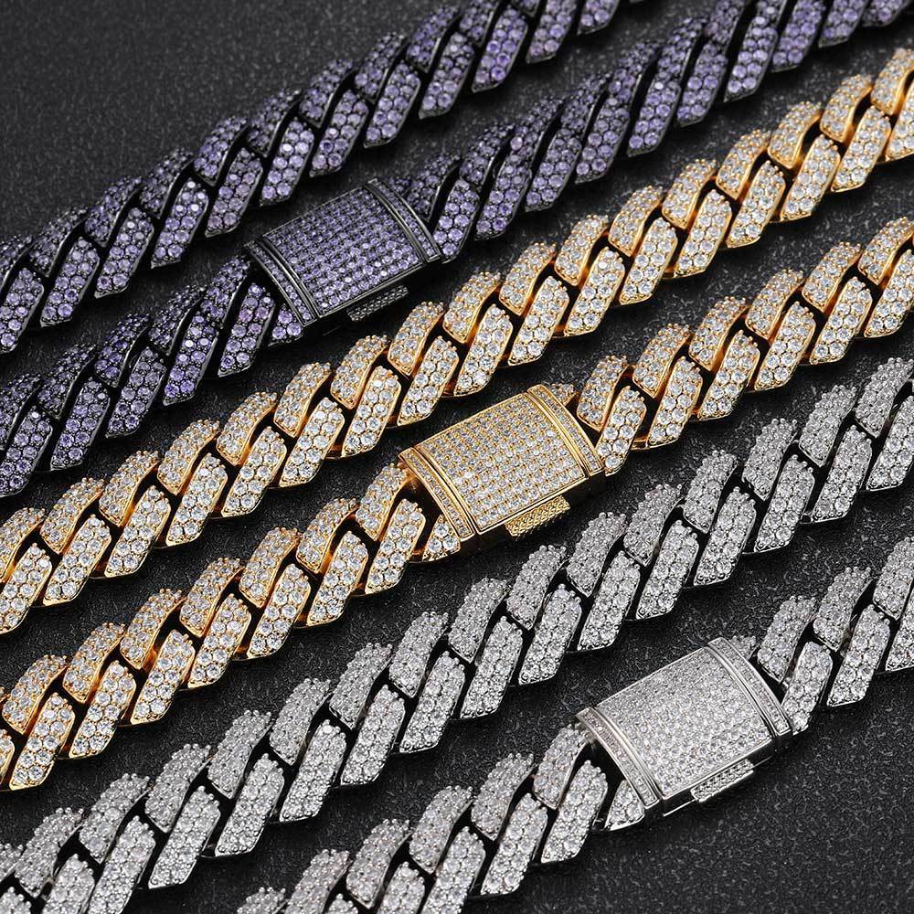 15mm Double Row Zircon Diamond Cuban Link Chain Necklace