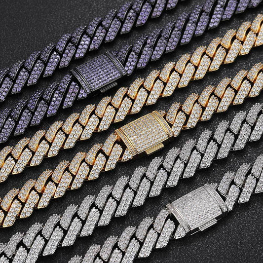 15mm Double Row Zircon Diamond Cuban Link Chain Necklace