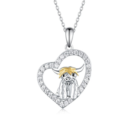 Collier vache des Highlands en argent sterling 925 avec pendentif en forme de cœur et animal, bijoux animaux, cadeaux pour femmes, filles et filles