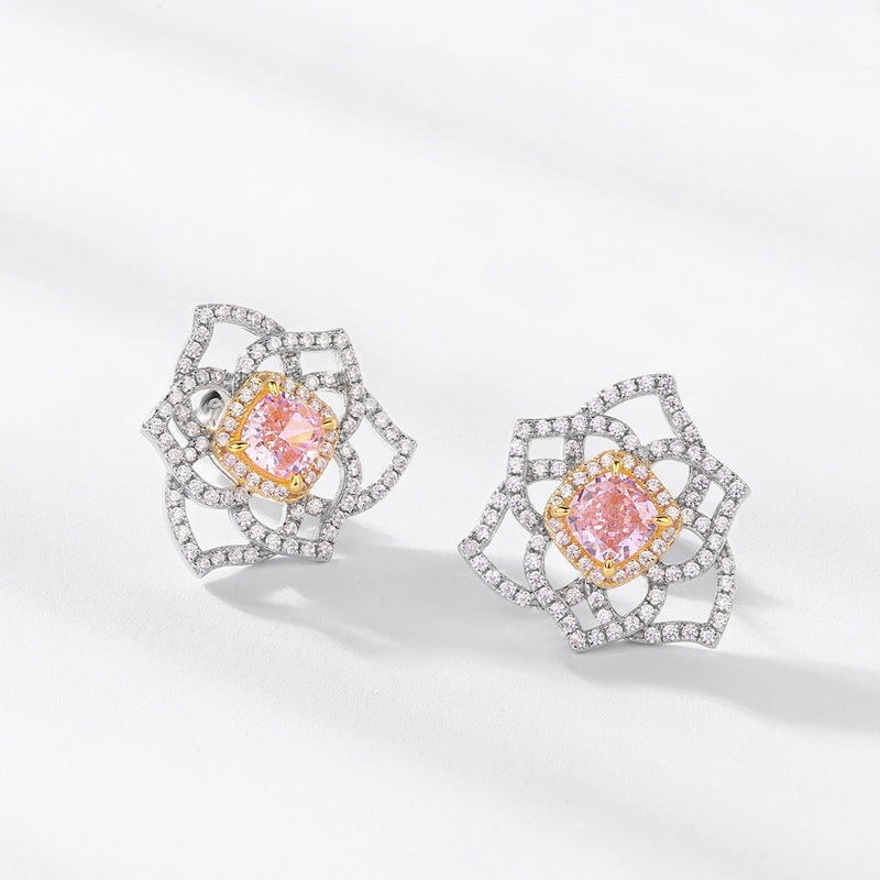 Women's S925 Silver Hexagonal Pollen High Carbon Rhinestone Gem Earrings