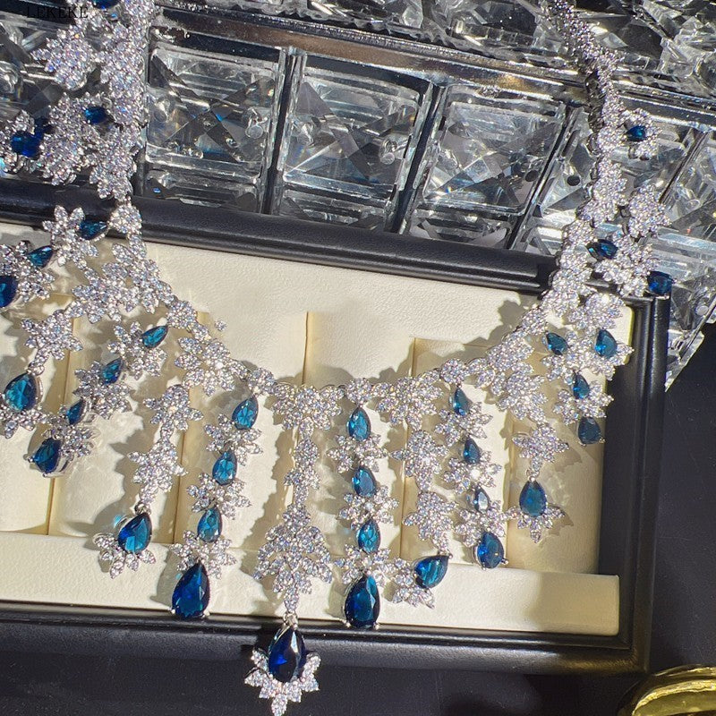 Blue Full Rhinestone Zircon Tassel Necklace Earring Bracelet Four-piece Set