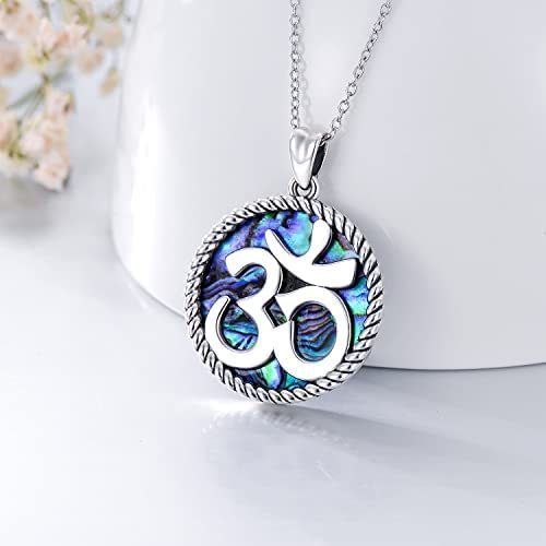 925 Sterling Silver Yoga with Abalone Shell Indian Yoga Aum Om Ohm Symbol Pendant Necklace Jewelry