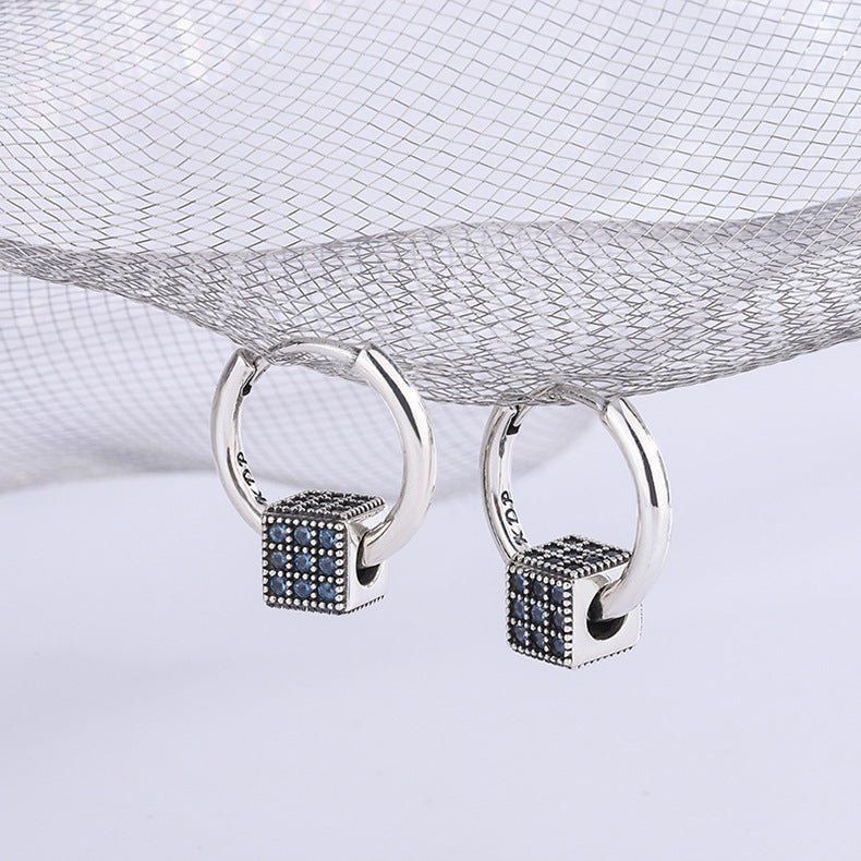 Heavy Industrial S925 Sterling Silver Spinel Blue Full Zirconium Stereo Square Round Ear Clasp Female Earrings