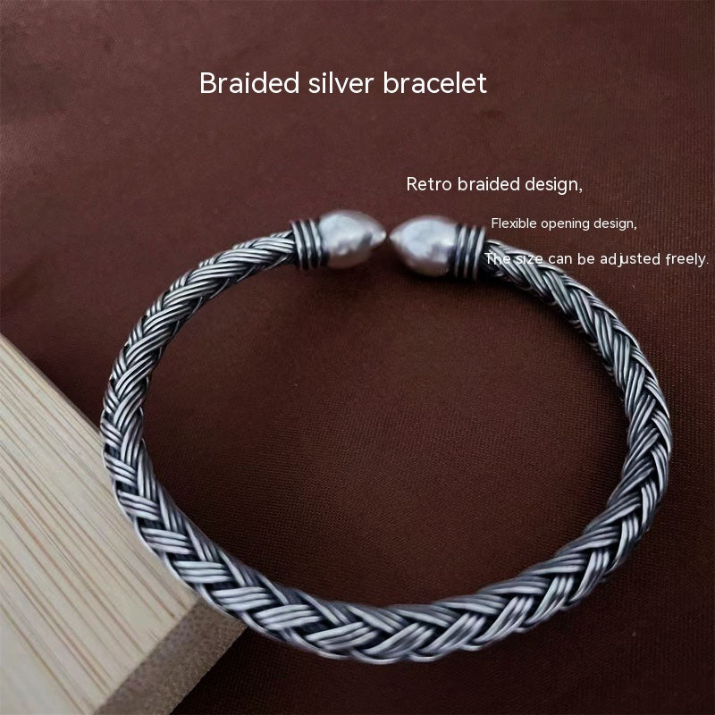 Bracelet personnalisé rétro et tendance en argent pur S999 tissé à la main