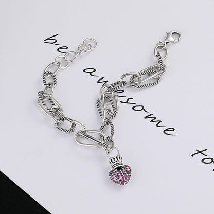 S925 Sterling Silver Bracelet Women's Splicing Multi-element Ins Vintage Crown Love Tag