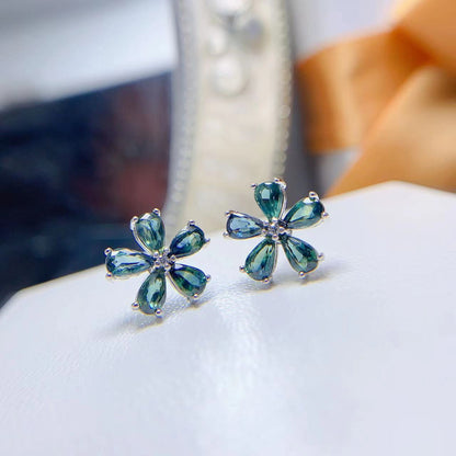 Colored Gems Jewelry 925 Silver Inlaid Natural Sapphire Water Drop Flower Stud Earrings