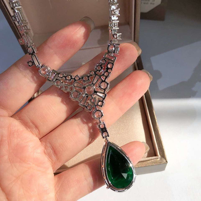 Silver Gold-plated Moissan Diamond Pendant Natural Emerald Necklace