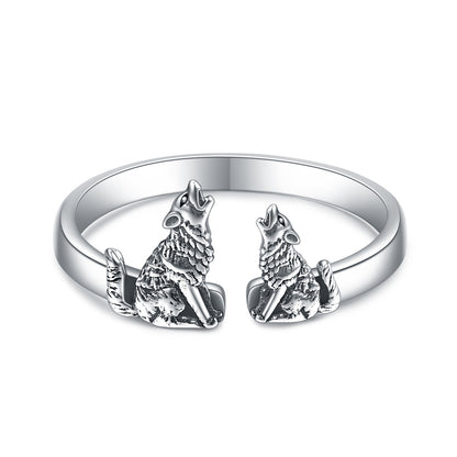 Anillos de lobo en plata de ley Anillos abiertos de tamaño ajustable para madre e hijo