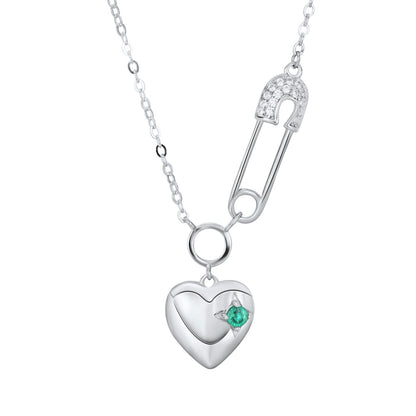 Cool Necklace Women's Fashion S925 Silver Emerald Heart Pendant Paper Clip