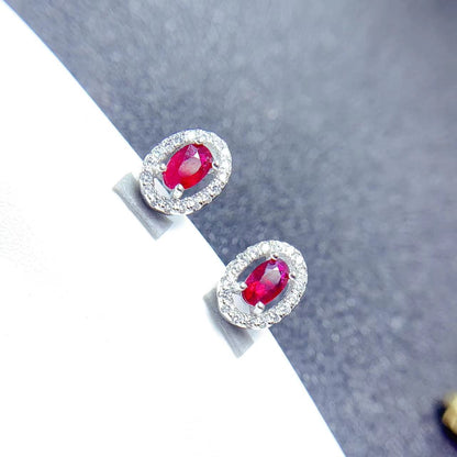 Colored Gems Jewelry 925 Silver Inlaid Natural Pigeon Blood Red Ruby Stud Earrings