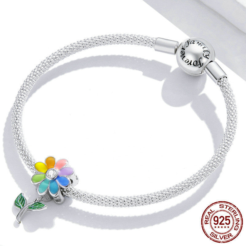 Bracelet en perles colorées en argent sterling S925 avec tournesol