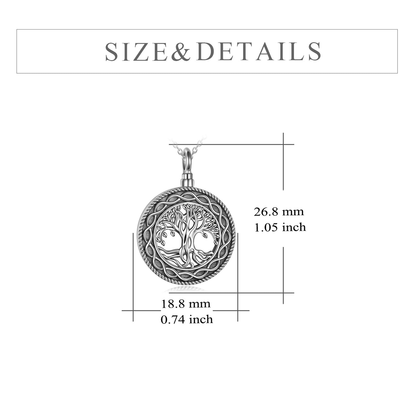 Collier urne funéraire en argent sterling avec pendentif en forme de cercle et arbre de vie