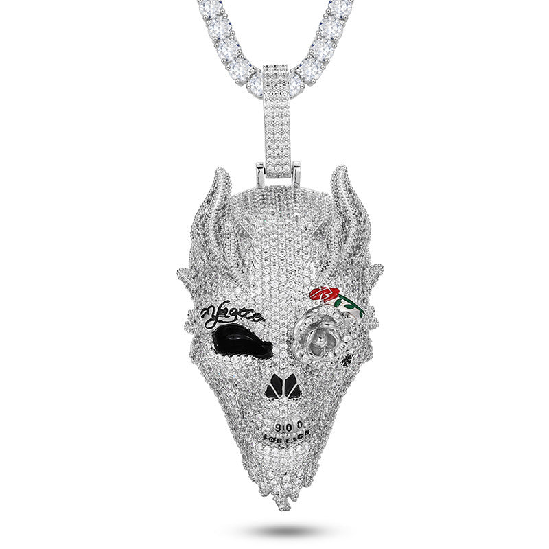 Dripping Oil Full Diamond Rose Skull Pendant Necklace