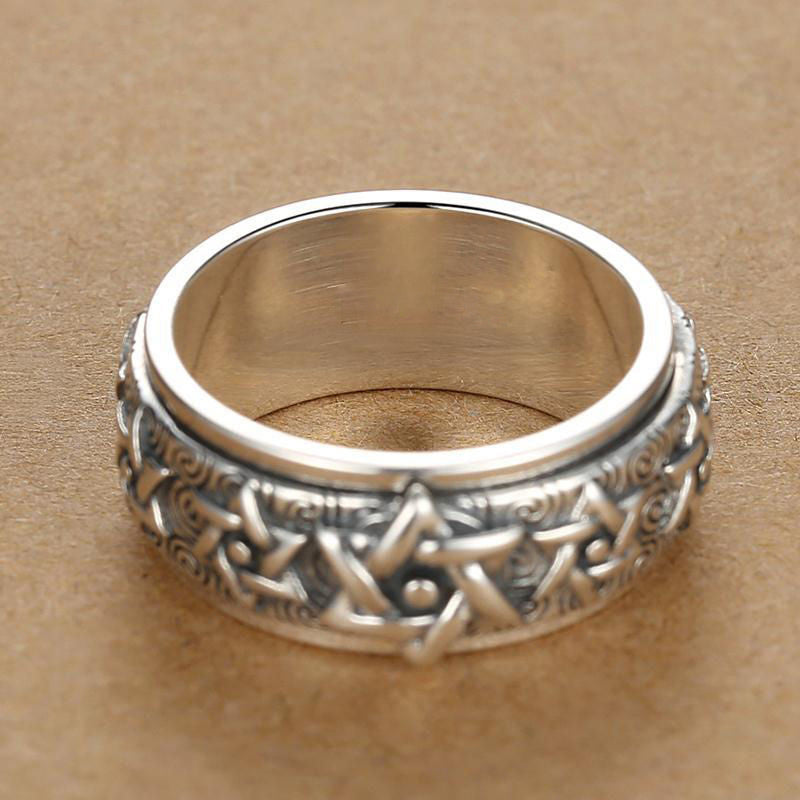 Turnable S925 Silver Ring Men's Retro Hexagram Wide Version