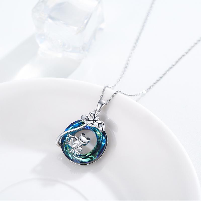 925 Sterling Silver Frog Lotus Leaf Necklace with Circle Crystal Pendant Cute Animal Jewelry Gifts