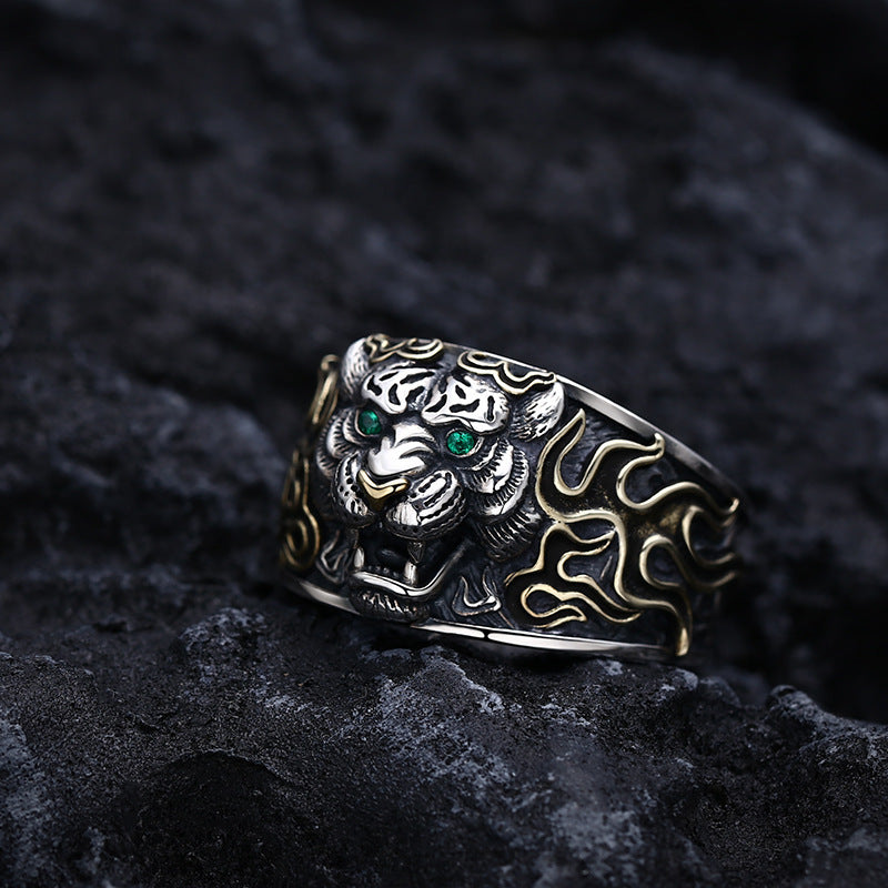 925 Sterling Silver Tiger Head Retro Adjustable Ring