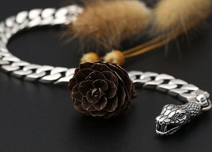 Pulsera de plata de ley con adorno de cadena para la muñeca, moderna pulsera de plata tailandesa con hebilla de cabeza de serpiente estilo hipster para hombre