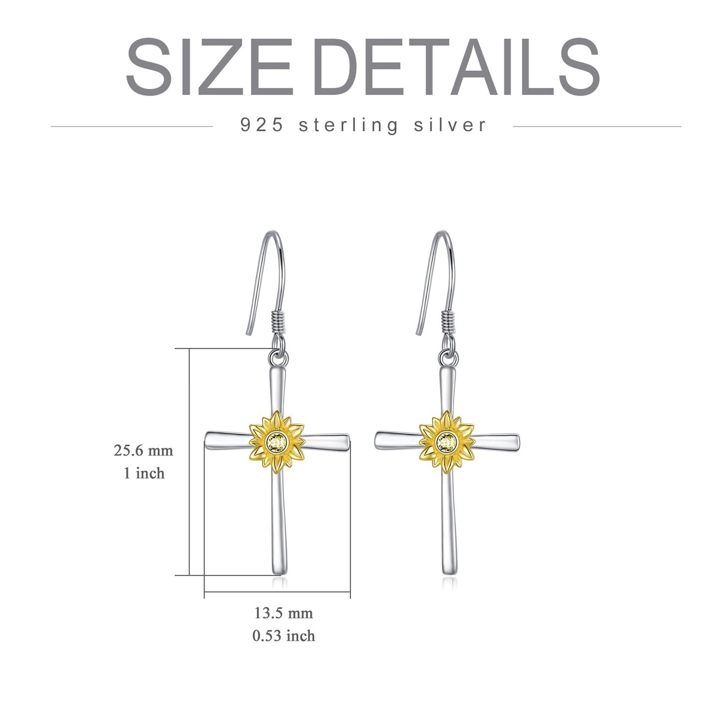 Boucles d'oreilles tournesol en argent sterling avec pendentif en forme de croix et crochets - Bijoux en forme de fleur de tournesol - Cadeaux pour femmes et adolescentes - Anniversaire