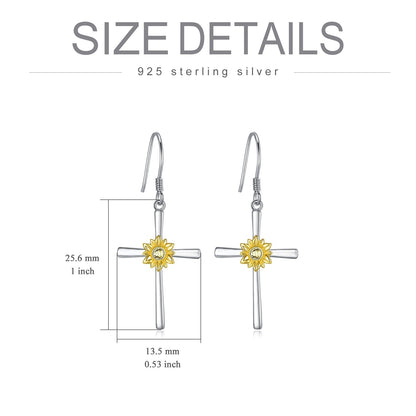 Boucles d'oreilles tournesol en argent sterling avec pendentif en forme de croix et crochets - Bijoux en forme de fleur de tournesol - Cadeaux pour femmes et adolescentes - Anniversaire