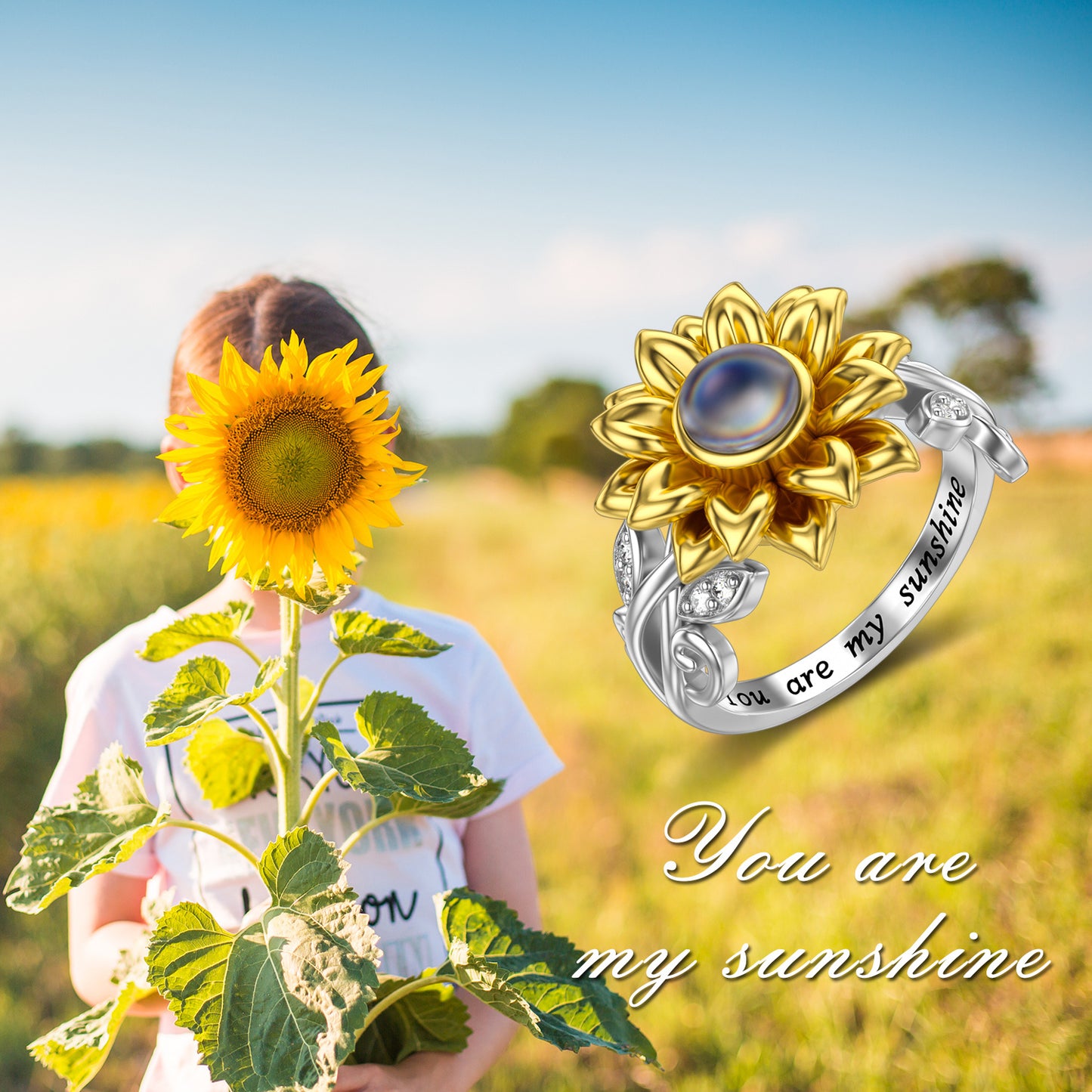 Anillo de girasol en plata de ley con Te amo en 100 idiomas Eres mi sol