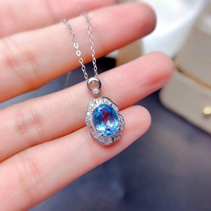 Natural Blue Topaz Set Noble Light Luxury 925 Silver Inlaid Necklace Women's Jewelry