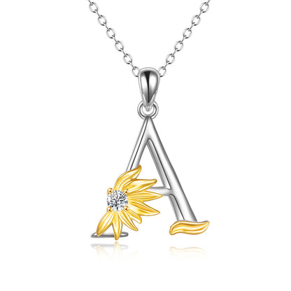 Sterling Silver Initial Alphabet Sunflower A Letter Script Name Pendant Necklace