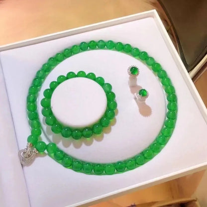 Gao Bing Emperor Green Chalcedony Ball Bracelet Necklace Eardrops Suit