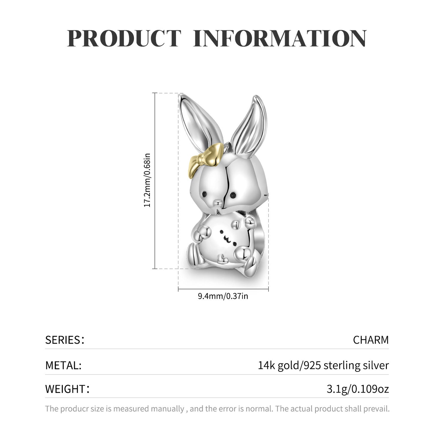 Lovely Rabbit Beads S925 Silver 14K Gold Beads Girls Bracelet Diy Accessories String Beads