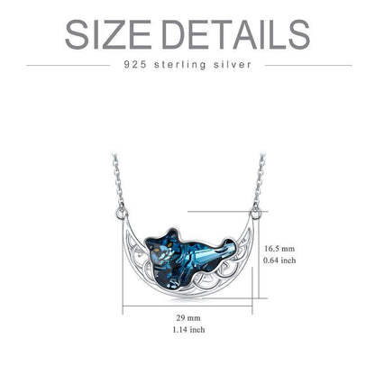 Cat and Celtic Moon Necklace with Blue Crystal in S925 Sterling Silver