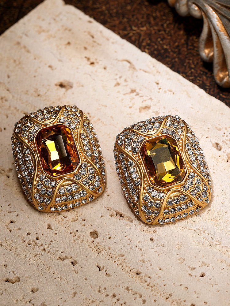 Square Full Zircon Citrine Silver Pin Earrings